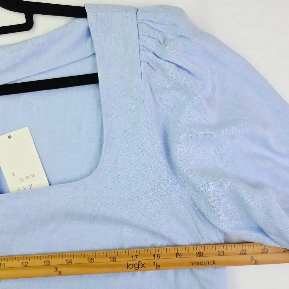 A New Day Mini Linen Dress Size 16 Light Blue Puff Sleeve Cottage Coastal Beach